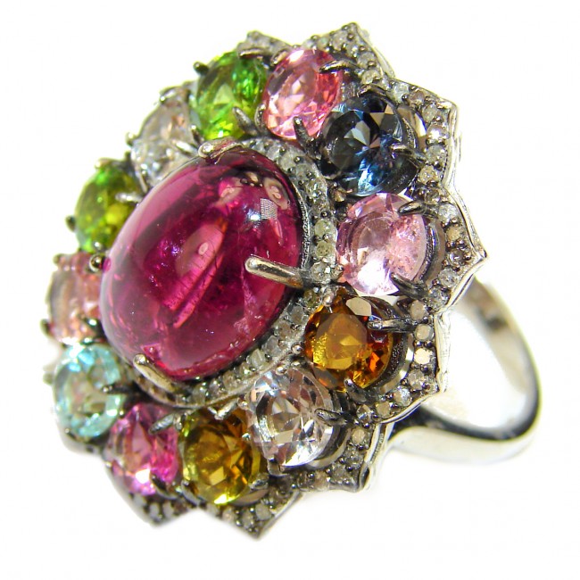 A fascinating One-of-A-Kind 15.5 carat Watermelon Tourmaline 14K White Gold over .925 Sterling Silver handmade Ring size 7 1/4
