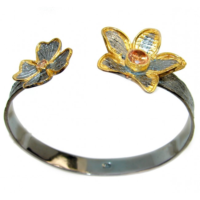 Flower Design Citrine 14K Gold over Gold .925 Sterling Silver Bracelet / Cuff