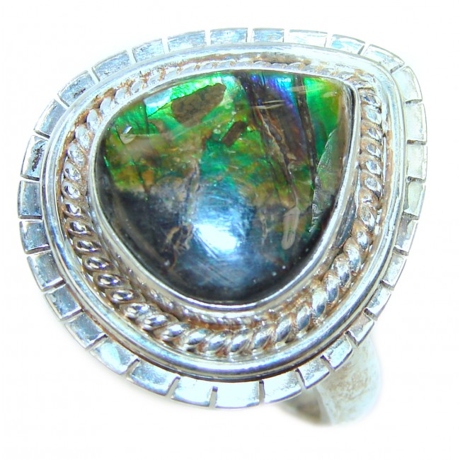 Outstanding Genuine Canadian Ammolite .925 Sterling Silver handmade ring size 10