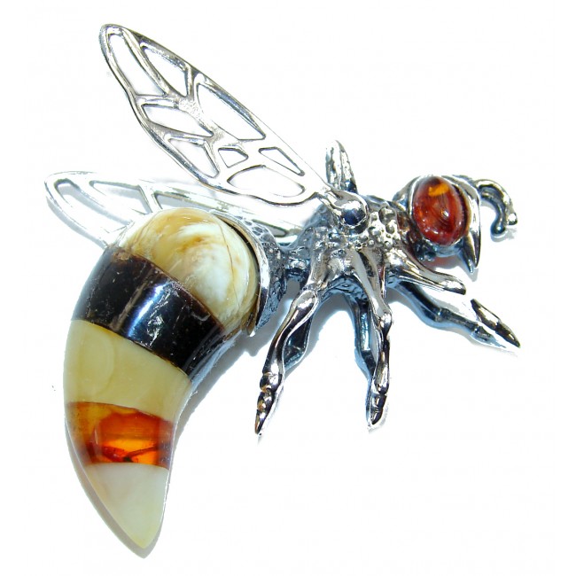 Real Masterpiece Honey Bee Baltic Polish Amber .925 Sterling Silver Handmade Pendant B
