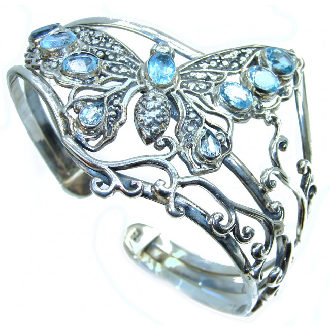 BUTTERFLY Luxury Swiss Blue Topaz .925 Sterling Silver handmade Cuff/Bracelet