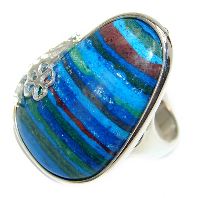 Huge Blue Rainbow Calsilica .925 Sterling Silver handcrafted ring size 8 1/2