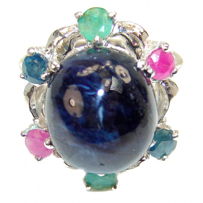 Royal quality unique Blue Star Sapphire .925 Sterling Silver handcrafted Ring size 7 1/4