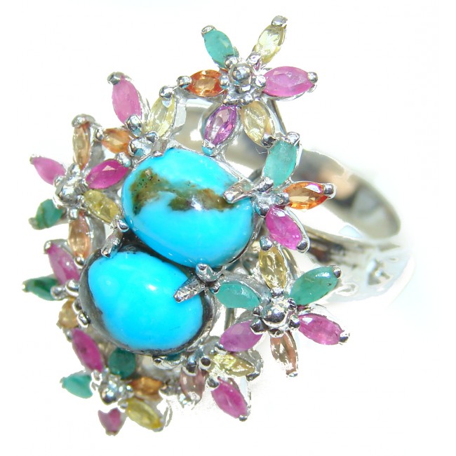 Authentic Turquoise multiclor Sapphire .925 Sterling Silver ring; s. 8 3/4