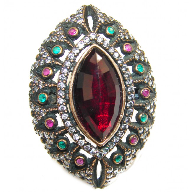 Victorian Style created Ruby & White Topaz Copper over Sterling Silver ring; s. 7