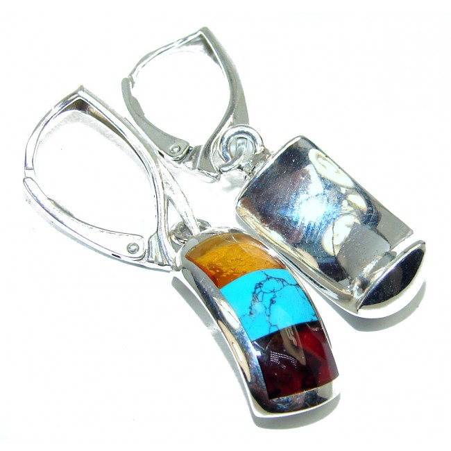 Back in time Genuine Baltic Amber Turquoise .925 Sterling Silver handmade Cameo Earrings