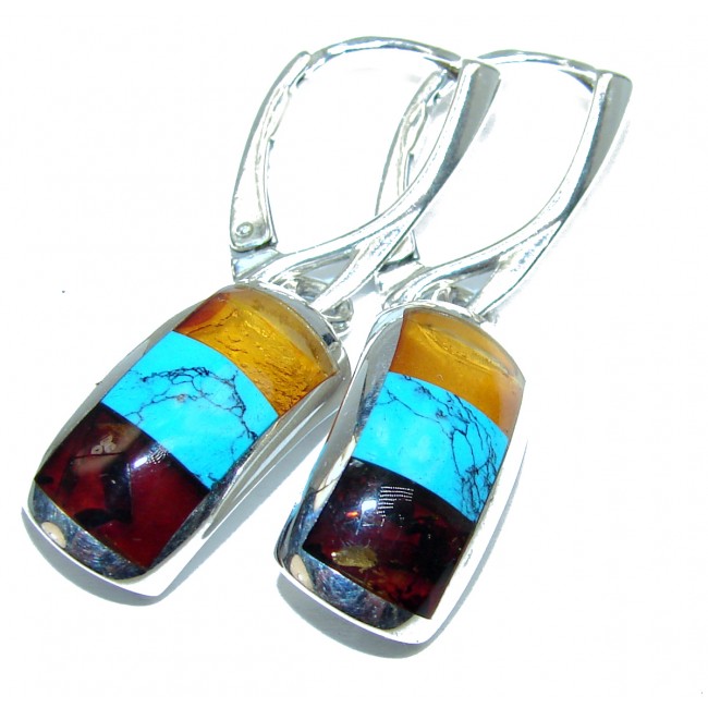 Back in time Genuine Baltic Amber Turquoise .925 Sterling Silver handmade Cameo Earrings