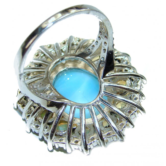 22.6 carat Larimar Emerald 14K White Gold over .925 Sterling Silver handcrafted Ring s. 8