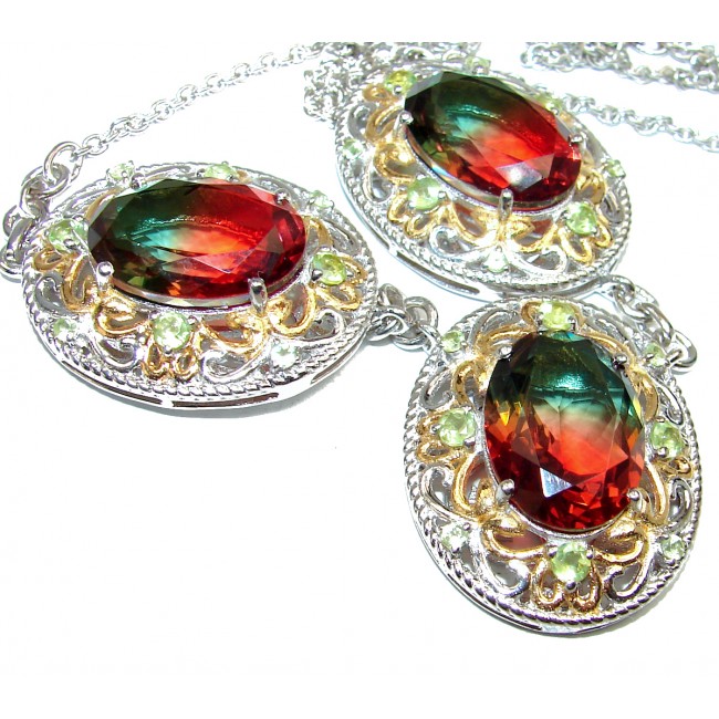 Oval cut Pink Tourmaline color Topaz 18K Gold over .925 Sterling Silver handcrafted necklace