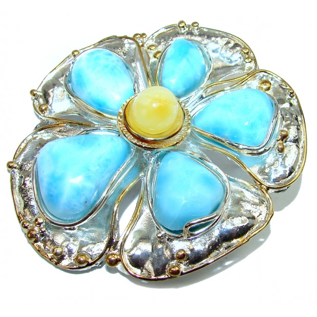 Large Flower 52.9 grams Larimar from Dominican Republic .925 Sterling Silver handmade pendant brooch