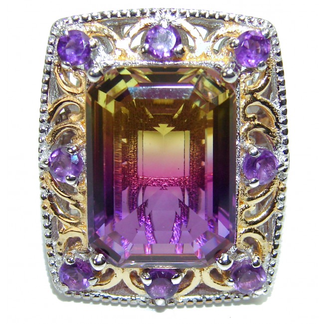 HUGE Emerald cut Ametrine 18K Gold over .925 Sterling Silver handcrafted Ring s. 8 3/4