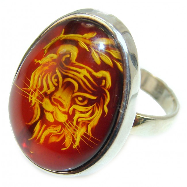 Graceful Leo Authentic carved Baltic Amber .925 Sterling Silver handcrafted Large ring; s. 8 adjustable