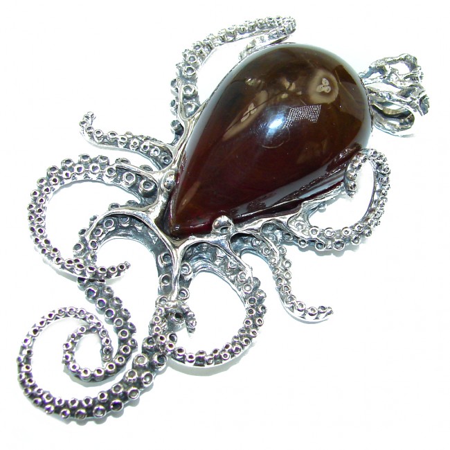 HUGE Golden Octopus 42.2 grams Natural Baltic Amber .925 Sterling Silver handmade Pendant