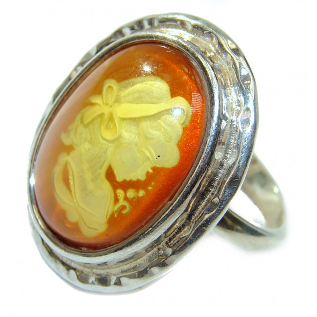 Beautiful Authentic Cameo Baltic Amber .925 Sterling Silver handcrafted ring; s. 7 adjustable
