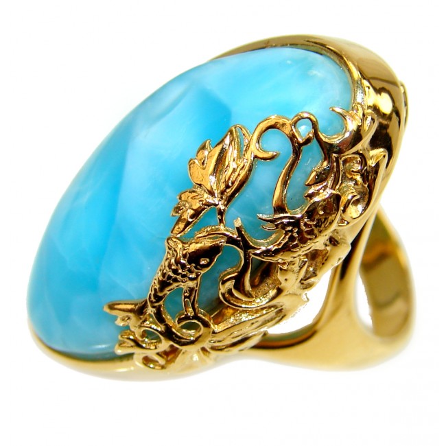 Golden Fishes 25.6 carat Larimar 18K Gold over .925 Sterling Silver handcrafted Ring s. 7