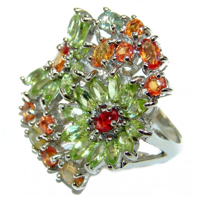 Bouquet of Flowers Authentic Sapphire Peridot .925 Sterling Silver handmade Ring s. 8 1/4