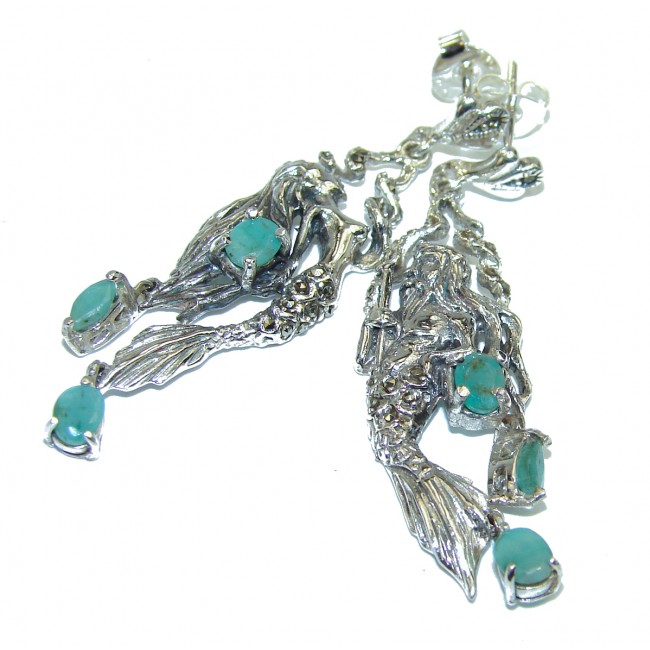Singing Mermaids Emerald .925 Sterling Silver handmade earrings