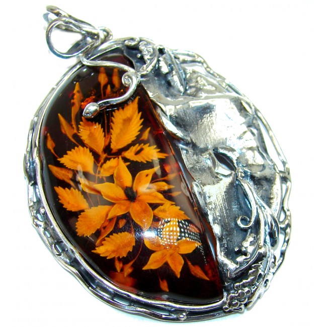 Huge Carved Genuine Polish Amber .925 Sterling Silver handmade pendant