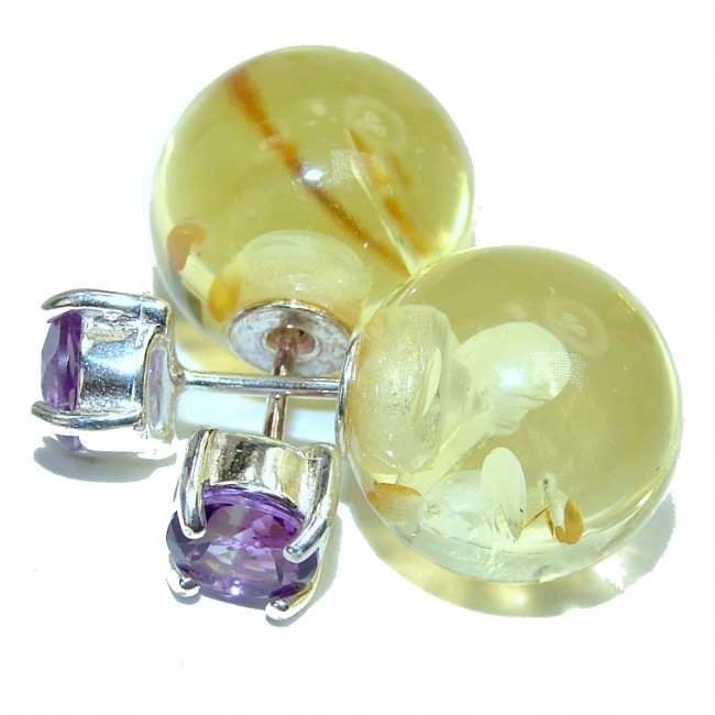 Huge Modern Beauty Amber Amethyst .925 Sterling Silver entirely handcrafted reversable earrings