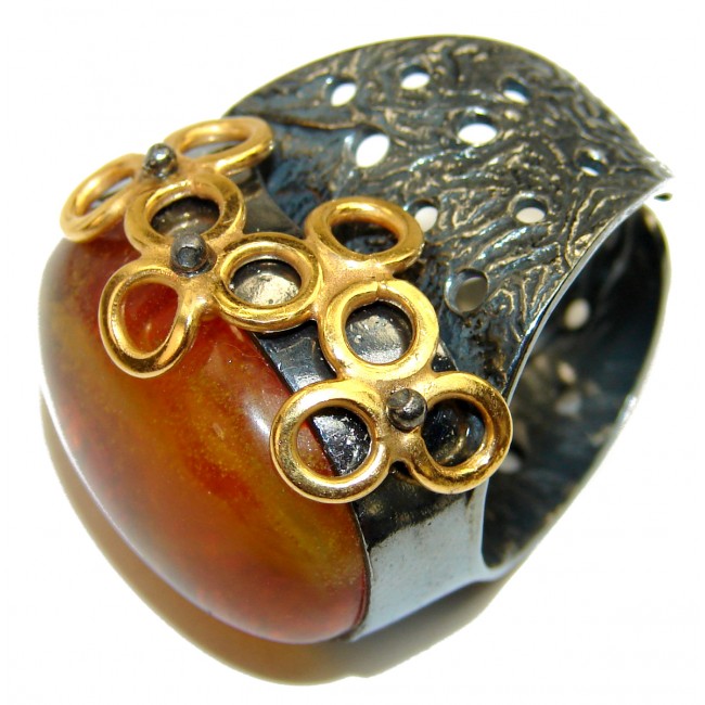 New Concept best quality Baltic Amber black rhodium over .925 Sterling Silver handcrafted Huge Ring s. 7 adjustable