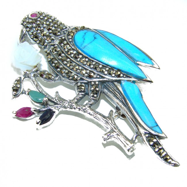 Spectacular Bird Turquoise .925 Sterling Silver handmade Brooch