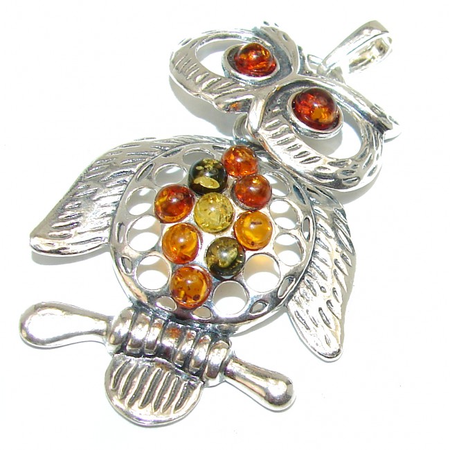 Huge Owl Natural Baltic Amber .925 Sterling Silver handmade Pendant