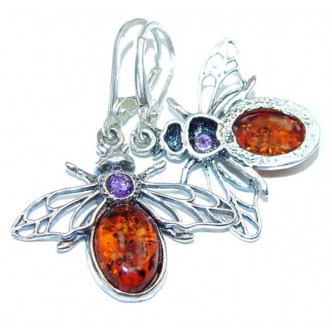 Wonderful Honey Bees Baltic Amber .925 Sterling Silver entirely handcrafted earrings