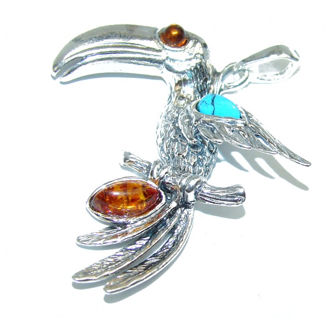Incredible Large Parrot Natural Baltic Amber 925 Sterling Silver Pendant