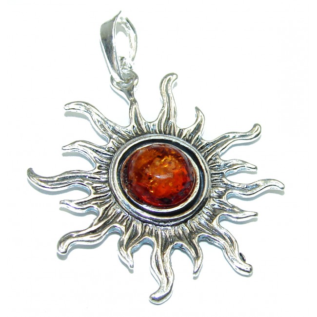 Aztec Sun natural Baltic Amber Sterling Silver handmade Pendant