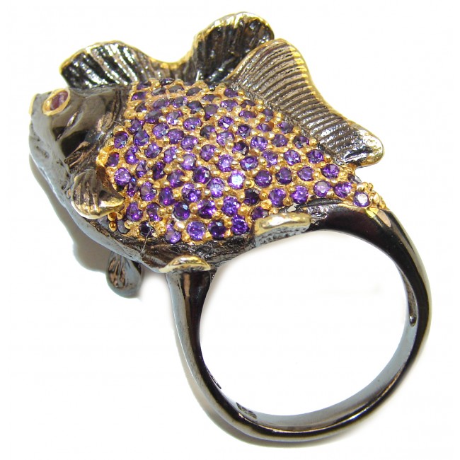 Large Fish Genuine Amethyst 18K Gold over .925 Sterling Silver handmade Cocktail Ring s. 7