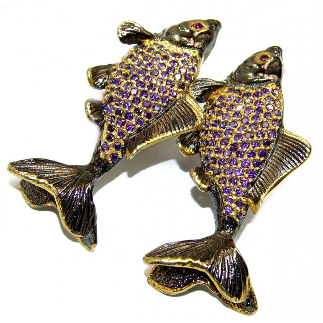 Large Fish Genuine Amethyst 18K Gold over .925 Sterling Silver handmade earrings