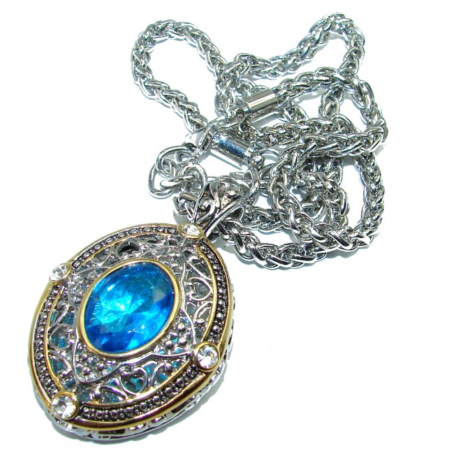 Tsarists heirloom Pearl & Natural Swiss Blue Topaz 14K Gold over .925 Sterling Silver handmade Necklace