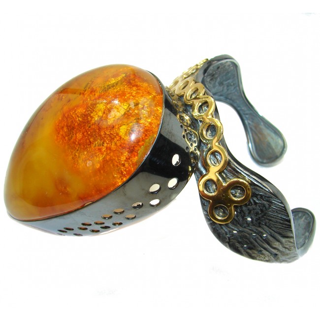 Huge 92.8 grams Genuine Baltic Amber black rhodium over .925 Sterling Silver handcrafted Bracelet / Cuff