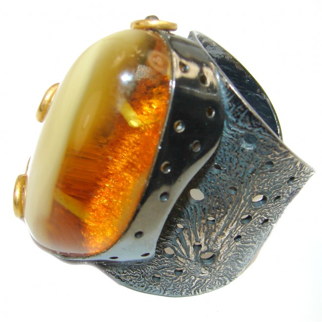 Authentic Baltic Amber 18K Gold over .925 Sterling Silver handcrafted ring; s. 9 adjustable
