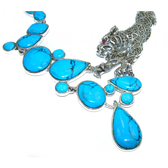 MASSIVE Panthere Genuine Turquoise Marcasite .925 Sterling Silver handmade handcrafted Necklace