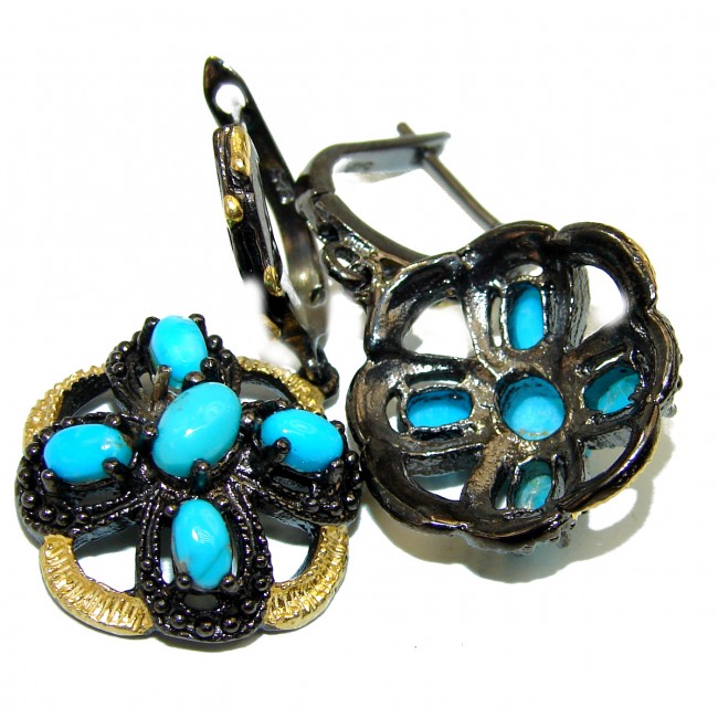 Stylish Blue Turquoise 2 tones .925 Sterling Silver handcrafted Earrings