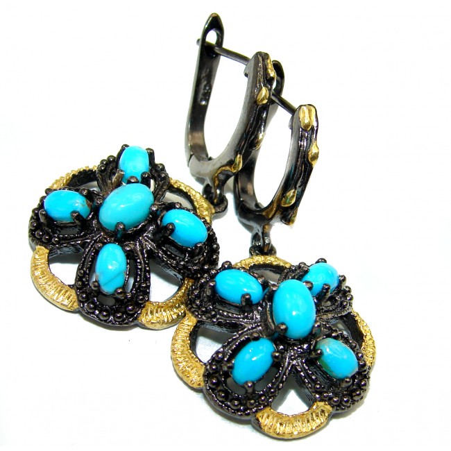 Stylish Blue Turquoise 2 tones .925 Sterling Silver handcrafted Earrings