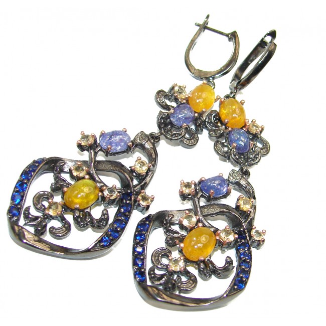 Luxurious Style Natural Tanzanite Citrine black rhodium over .925 Sterling Silver handmade earrings