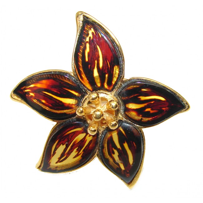 Beautiful Large Authentic carved FLOWER Baltic Amber .925 Sterling Silver handcrafted ring; s. 6 adjustable