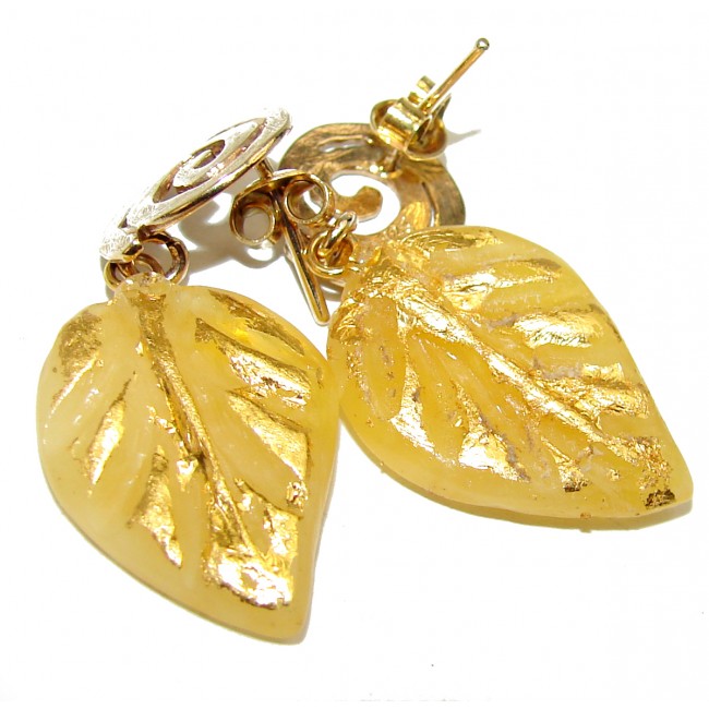 Back in time Genuine carved Baltic Polish Amber Covered with Gold Sterling Silver handmade Earrings