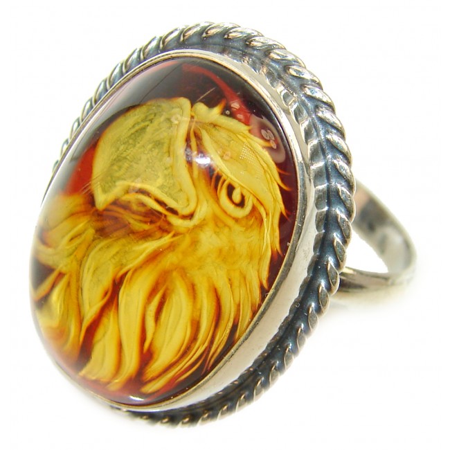 A Praud Eagle Authentic carved Baltic Amber .925 Sterling Silver handmade ring size 9 3/4
