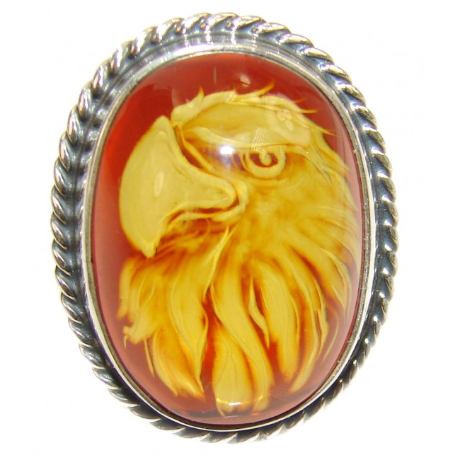 A Praud Eagle Authentic carved Baltic Amber .925 Sterling Silver handmade ring size 9 3/4