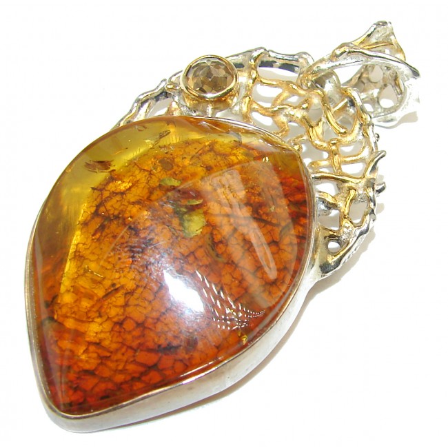 Amazing quality Amber 2 tones .925 Sterling Silver handmade pendant
