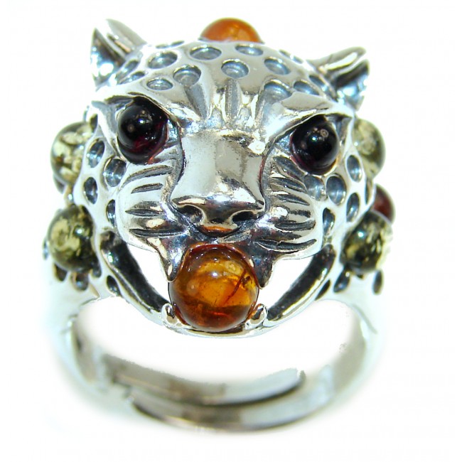 Panther Baltic Amber .925 Sterling Silver handcrafted Statement Ring size 8 adjustable
