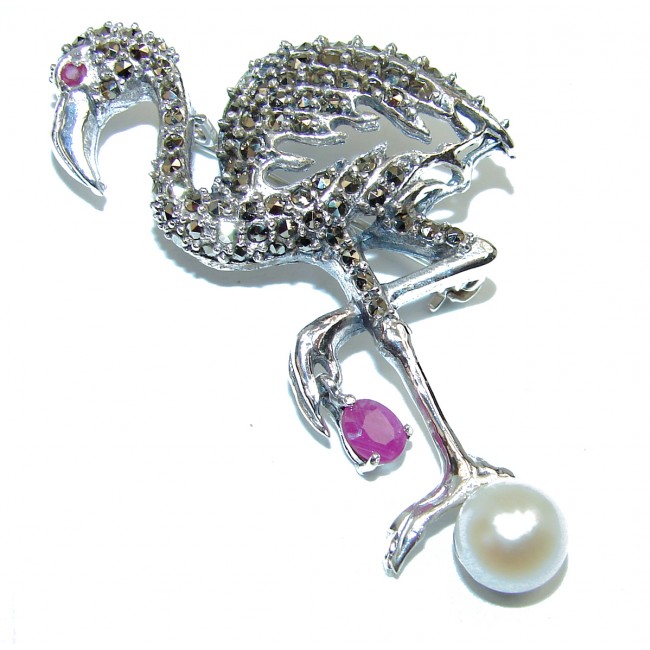 Beautiful Flamingo genuine Ruby .925 Sterling Silver handmade Brooch