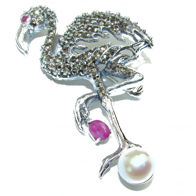 Beautiful Flamingo genuine Ruby .925 Sterling Silver handmade Brooch