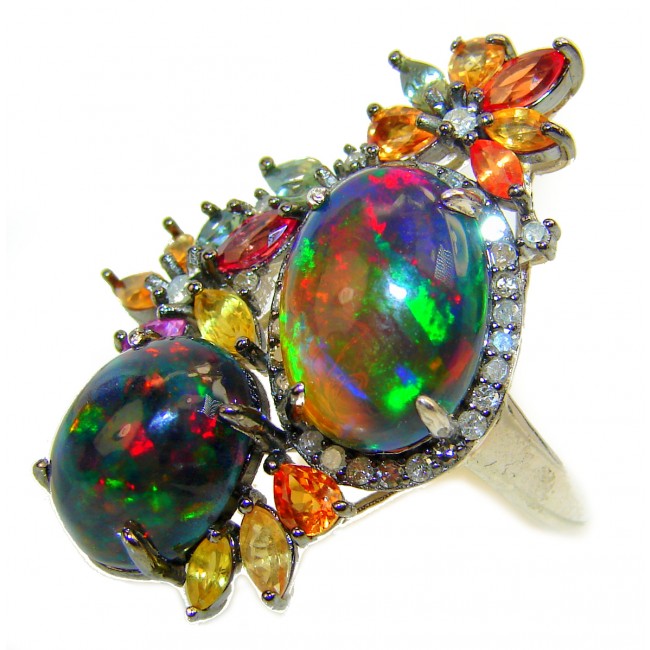 Extravaganza 15.6ctw Genuine Black Opal multicolor Sapphire .925 Sterling Silver handmade Ring size 7