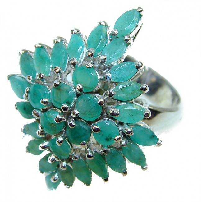 Victorian Style natural Emerald .925 Sterling Silver ring; s. 9
