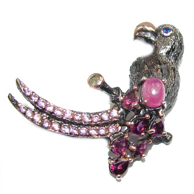 Precious Parrot Genuine Ruby .925 Sterling Silver handmade Pendant - Brooch