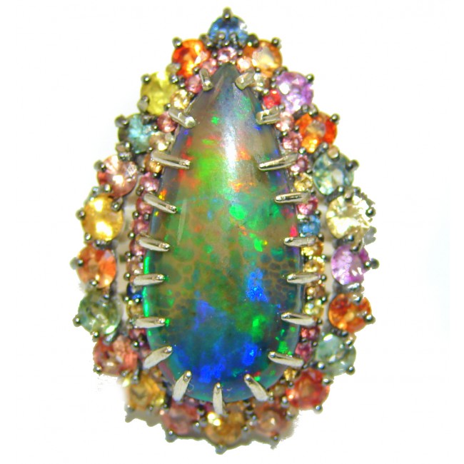 A COSMIC POWER Genuine Black Opal Sapphire 14K White Gold over .925 Sterling Silver handmade Ring size 8